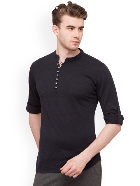 

Status Quo Men Navy Blue Comfort Slim Fit Solid Roll-Up Sleeves Casual Shirt