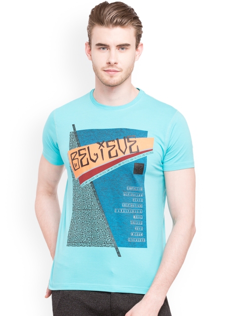 

Status Quo Men Blue Printed Round Neck Slim Fit Pure Cotton T-shirt