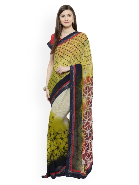 

Shaily Green & Yellow Satin Printed Saree