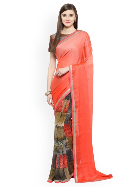 

Shaily Peach-Coloured & Red Pure Georgette Printed Saree