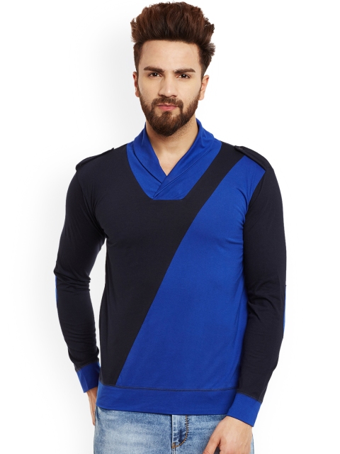 

Hypernation Men Blue & Black Colourblocked V-Neck T-shirt