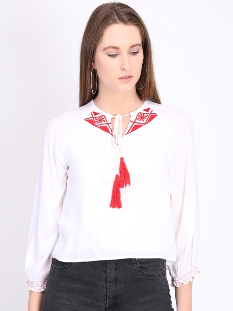 

LA LOFT Women White Printed A-Line Pure Cotton Top