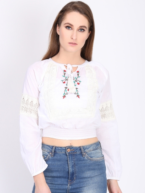 

LA LOFT Women White Printed Blouson Pure Cotton Top