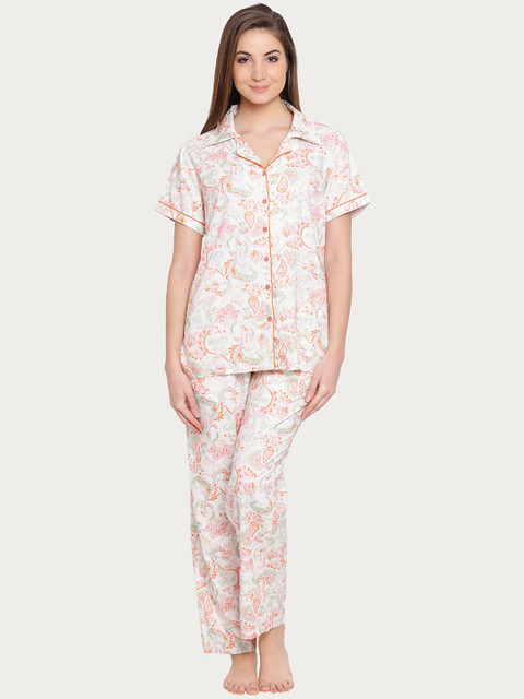 

Clovia White & Orange Printed Lounge Set