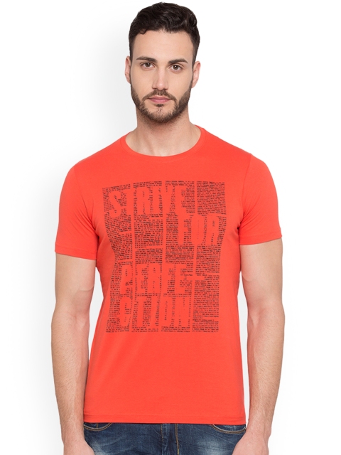 

Status Quo Men Orange Printed Round Neck Slim Fit T-shirt