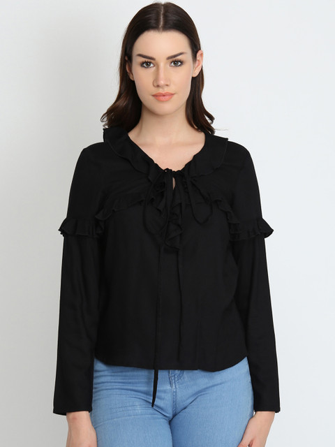 

LA LOFT Women Black Solid A-Line Top