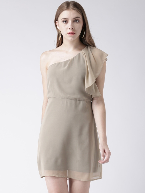 

LA LOFT Women Beige Solid Fit and Flare Dress