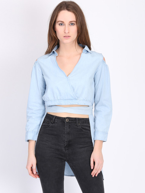 

LA LOFT Women Turquoise Blue Solid High-Low Pure Cotton Top