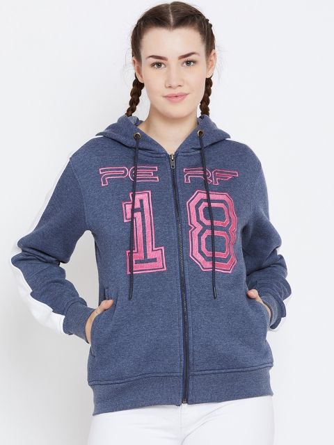 

PERF Women Blue Printed Hooded Sweatshirt