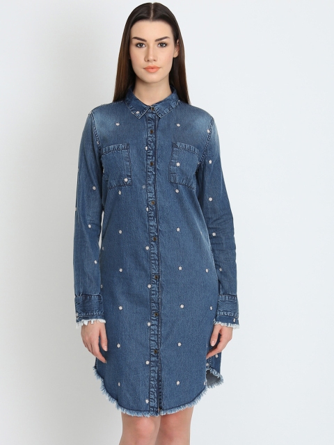 

LA LOFT Women Blue Embroidered Shirt Dress
