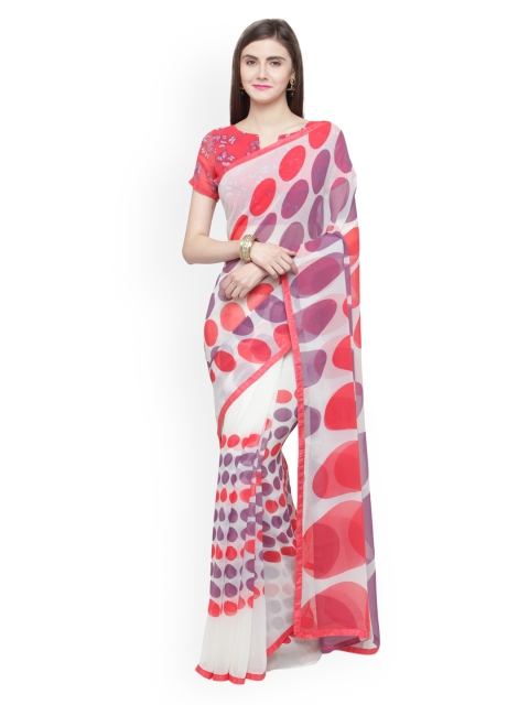 

Shaily Cream-Coloured & Pink Pure Georgette Printed Saree