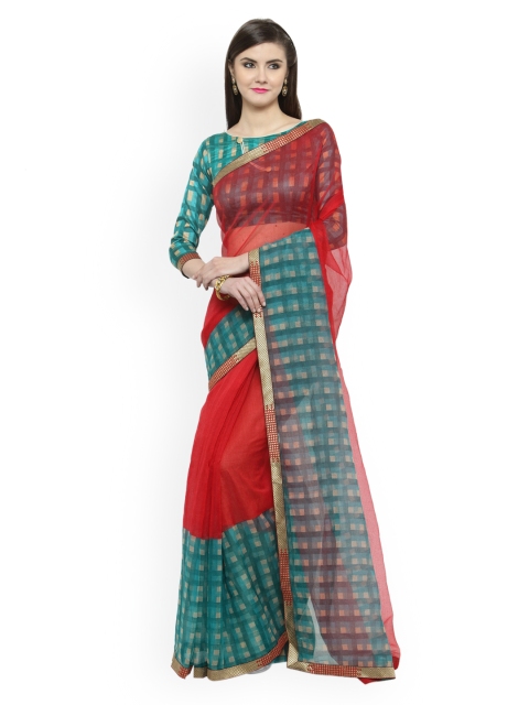 

Shaily Pink & Green Cotton Blend Checked Saree