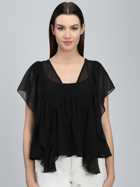 

LA LOFT Women Black Solid A-Line Top