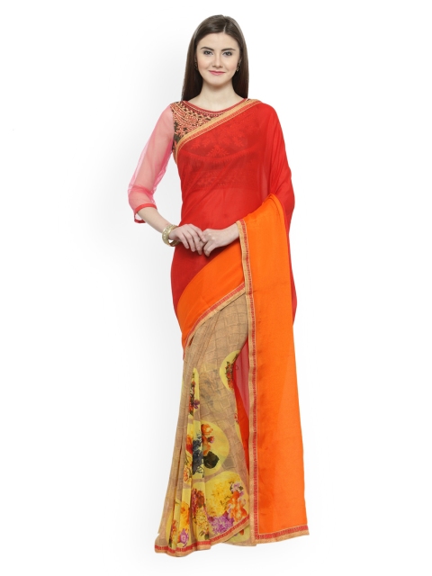 

Shaily Red & Beige Pure Georgette Solid Saree