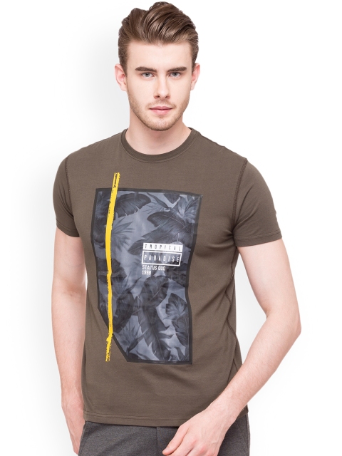 

Status Quo Men Brown Printed Round Neck Slim Fit Pure Cotton T-shirt