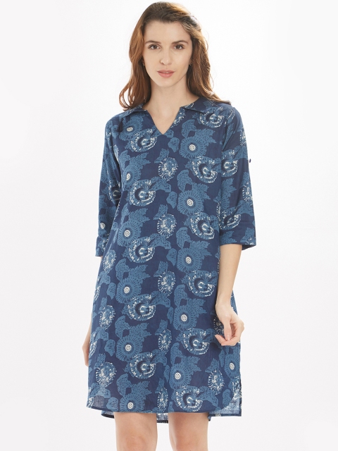 Soie Women Blue Printed Shirt Dress
