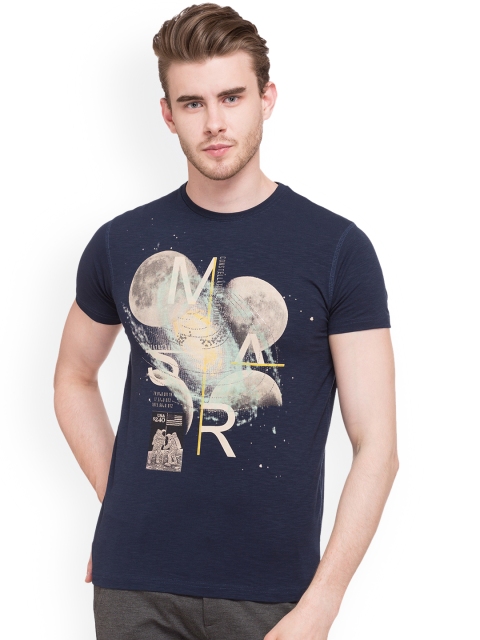 

Status Quo Men Navy Blue Printed Round Neck Slim Fit Pure Cotton T-shirt