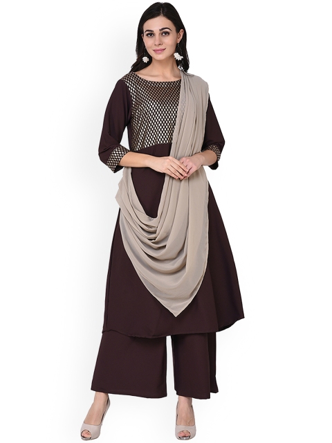 

ZIYAA Women Brown Yoke Design A-Line Kurta with an Attached Dupatta