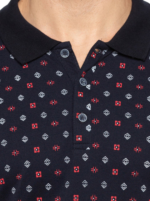 

Status Quo Men Navy Blue Printed Polo Collar Slim Fit T-shirt