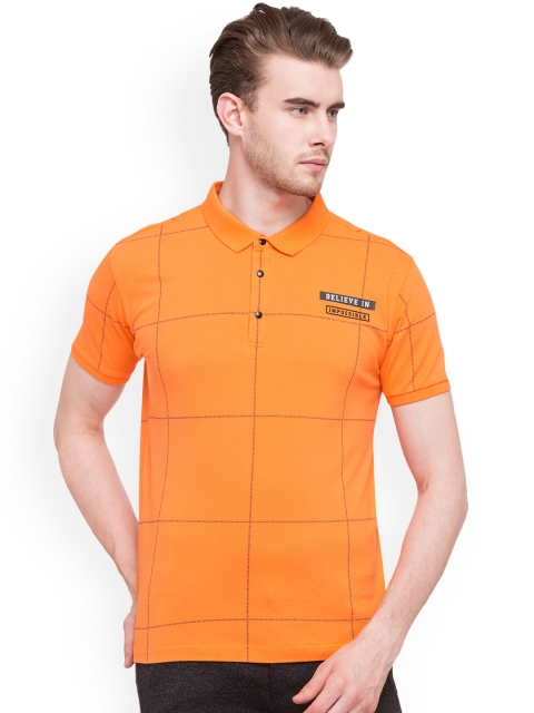 

Status Quo Men Orange Checked Polo Collar Slim Fit T-shirt