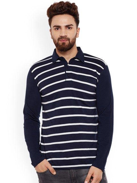 

Hypernation Men Navy Blue Striped Polo Collar T-shirt