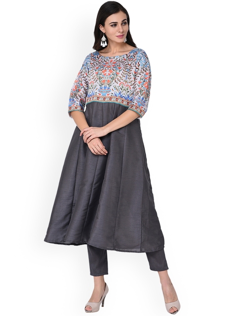 

ZIYAA Women Grey & Orange Printed Anarkali Kurta