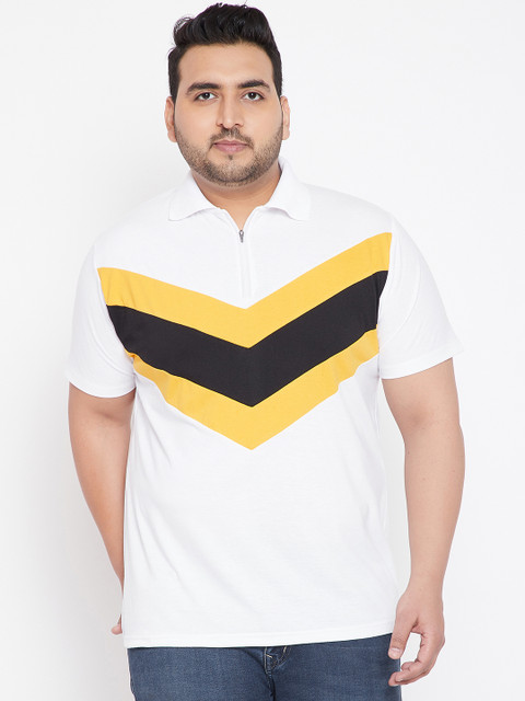 

bigbanana Plus Size Men White Striped Polo Collar T-shirt