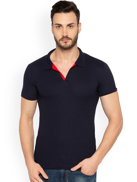 

Status Quo Men Navy Blue Solid Polo Collar Slim Fit T-shirt