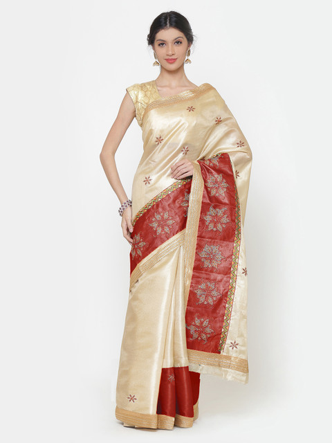 

Chhabra 555 Beige & Red Art Silk Embroidered Chanderi Saree