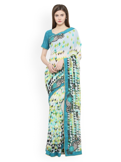 

Shaily White & Teal Pure Georgette Printed Saree