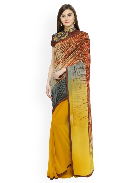 

Shaily Yellow & Beige Pure Georgette Printed Saree