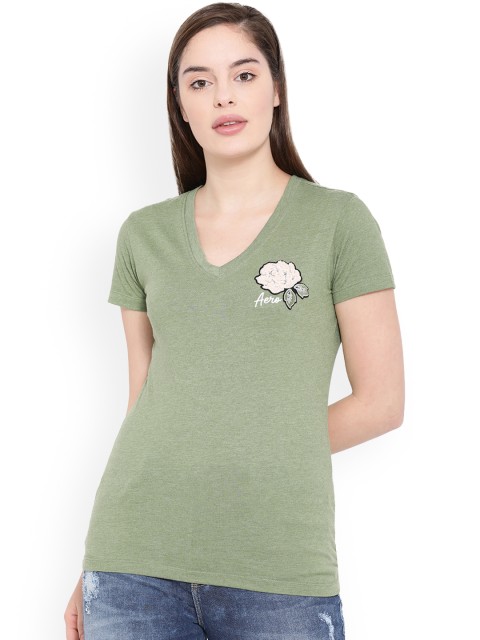

Aeropostale Women Green Solid V-Neck T-shirt