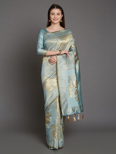 

Mitera Teal & Gold-Toned Silk Blend Woven Design Saree