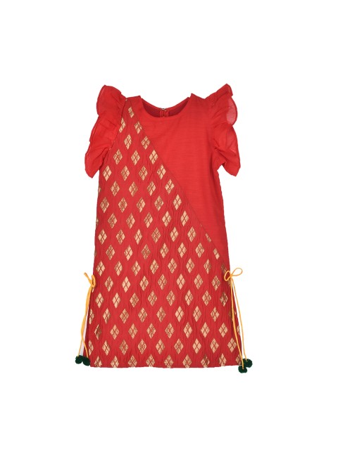 

K&U Girls Red & Gold Printed Flutter Sleeves A-Line Kurti