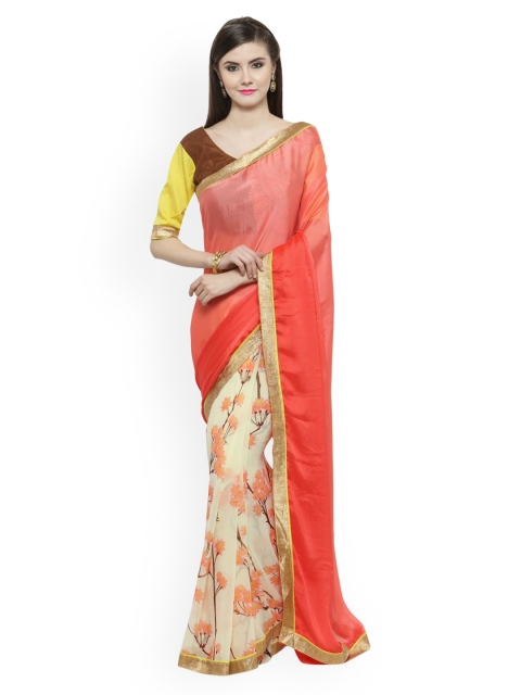 

Shaily Peach-Coloured & Cream-Coloured Pure Georgette Embellished Saree