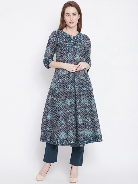 

One of a kind Women Navy Blue Printed Anarkali Kurta