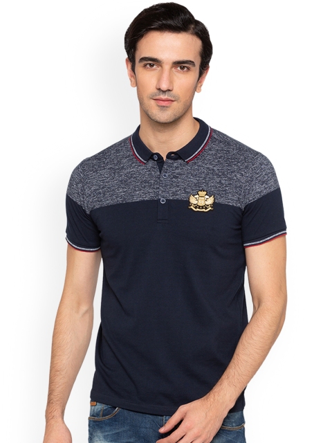 

Status Quo Men Navy Blue Colourblocked Slim Fit Polo Collar Pure Cotton T-shirt