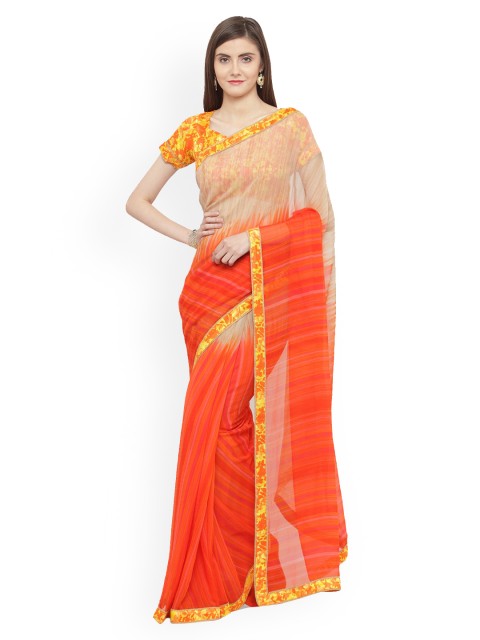 

Shaily Beige & Orange Pure Georgette Striped Saree