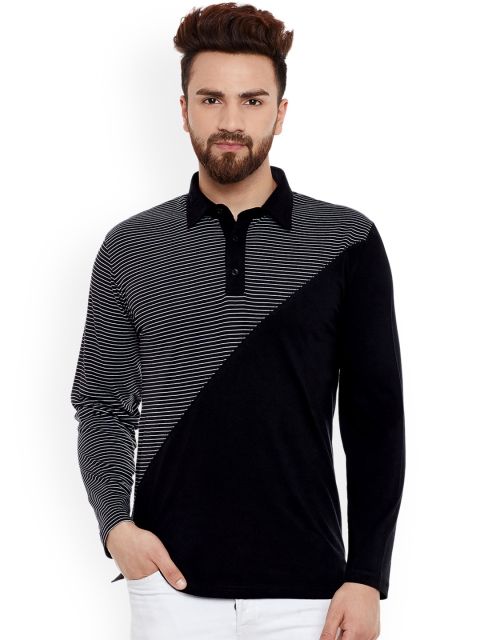 

Hypernation Men Black Striped Polo Collar T-shirt