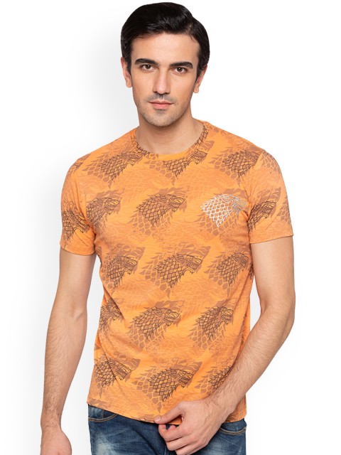 

Status Quo Men Orange Printed Round Neck Pure Cotton T-shirt