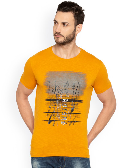 

Status Quo Men Mustard Orange Printed Round Neck T-shirt