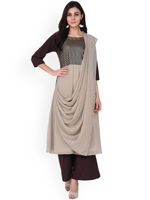 

ZIYAA Women Brown Yoke Design A-Line Kurta with an Attached Dupatta