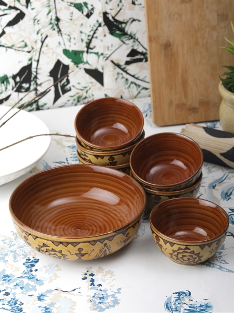 

VarEesha Brown Set of 7 Warli Printed Ceramic 7 Piece Dessert Set