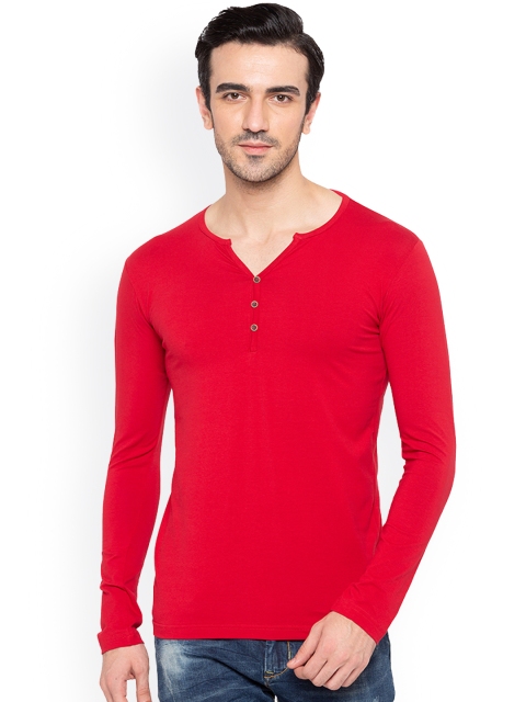 

Status Quo Men Red Solid Henley Neck Pure Cotton T-shirt