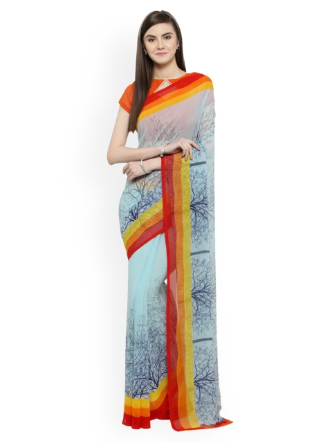 

Shaily Teal Blue & Yellow Pure Georgette Printed Saree