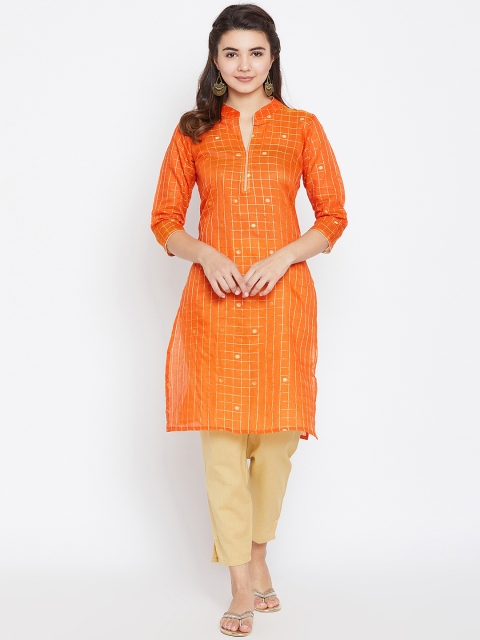 

AgrohA Women Orange Checked Straight Kurta