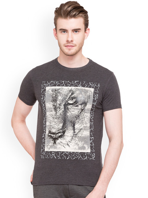 

Status Quo Men Grey Printed Round Neck Slim Fit T-shirt