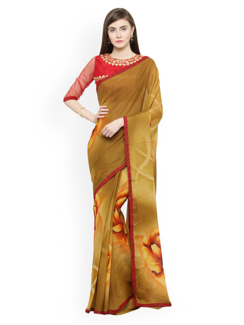 

Shaily Brown Floral Printed Pure Georgette Saree