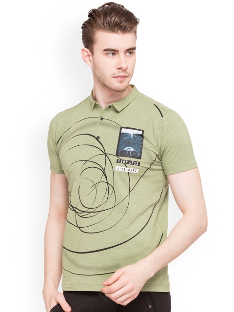 

Status Quo Men Olive Green Slim Fit Printed Polo Collar Pure Cotton T-shirt