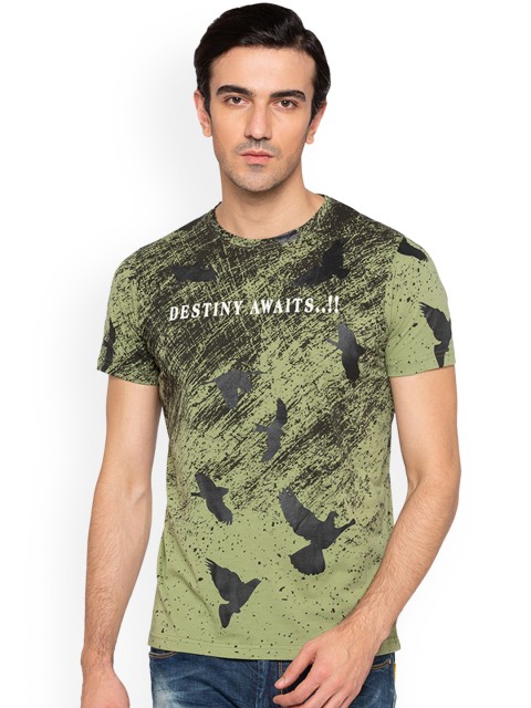 

Status Quo Men Olive Green Printed Round Neck T-shirt